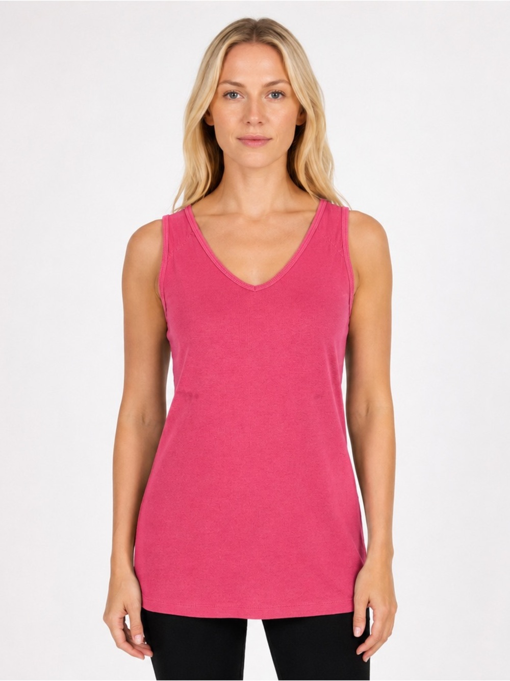 LUCY Rib Knit Ruched Long Cotton/Spandex Tank Top, Coral Pink Size Large